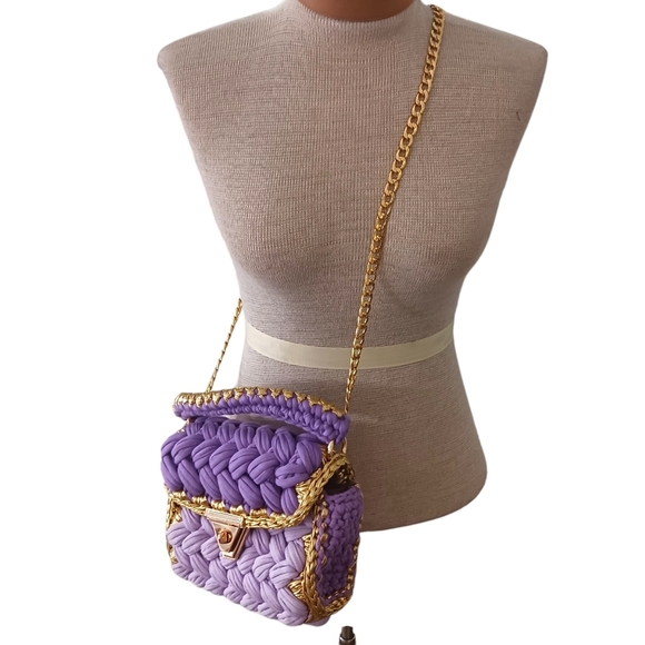 Womens Handbag Woven Metallic Gold Purple Crossbody Chain Chunky Fun - Picture 1 of 12